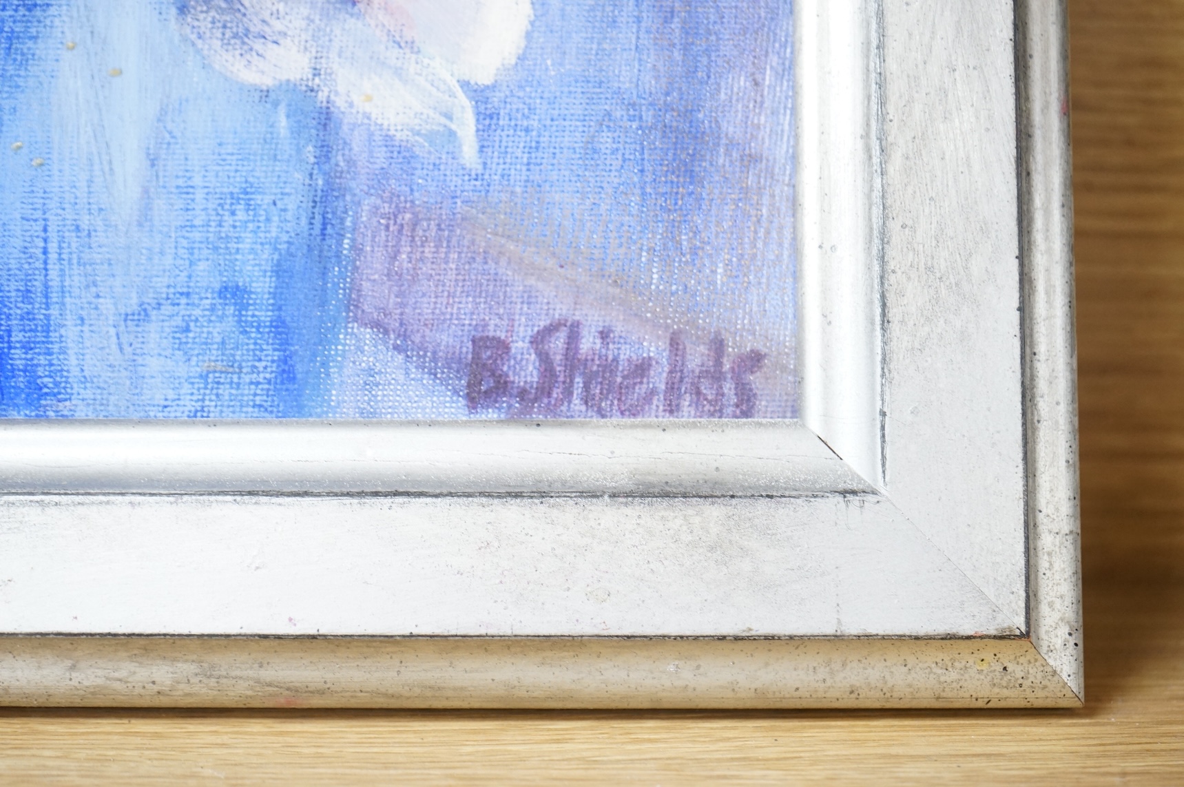 B. Shields, Still life of cornflowers, signed, oil on canvas, together with another, titled 'White flower in blue pot, tempura on canvas board, largest 30 x 24cm, one unframed